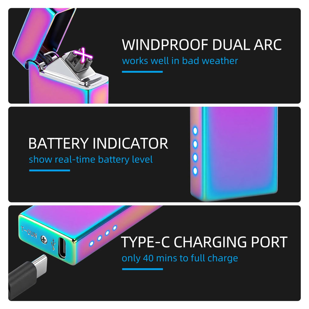 LcFun Electric Lighter USB Rechargeable Windproof Flameless Plasma Dual Arc Lighter Small Metal Pocket Lighters for Camping, Birthday Gifts for Men Husband (Nickel Brushed)